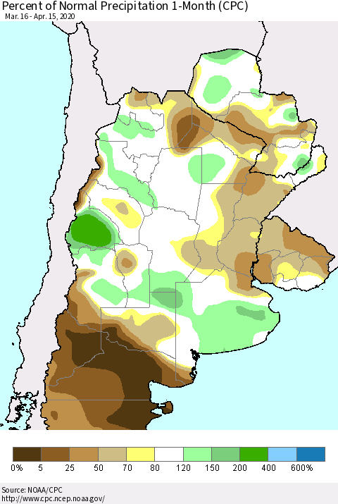 Southern South America Percent of Normal Precipitation 1-Month (CPC) Thematic Map For 3/16/2020 - 4/15/2020