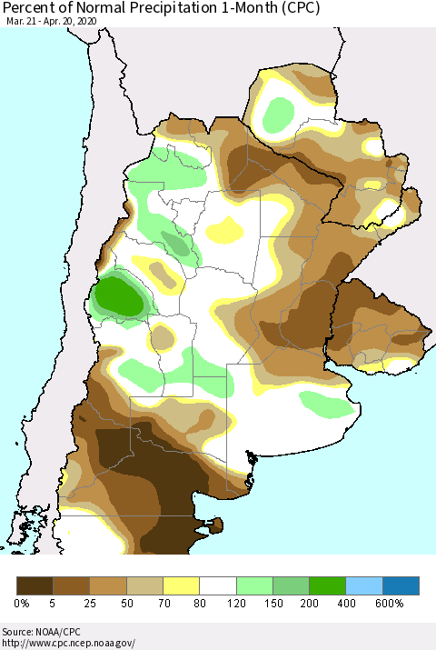 Southern South America Percent of Normal Precipitation 1-Month (CPC) Thematic Map For 3/21/2020 - 4/20/2020