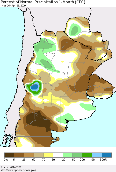 Southern South America Percent of Normal Precipitation 1-Month (CPC) Thematic Map For 3/26/2020 - 4/25/2020