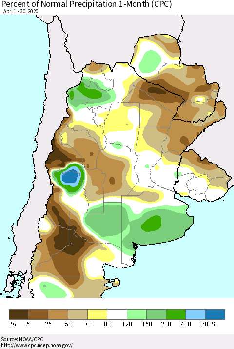 Southern South America Percent of Normal Precipitation 1-Month (CPC) Thematic Map For 4/1/2020 - 4/30/2020