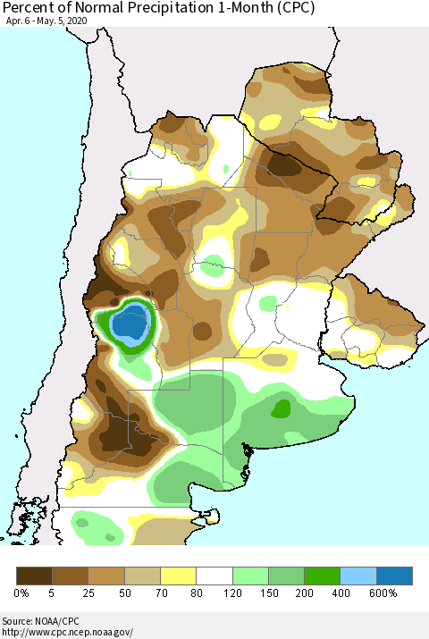 Southern South America Percent of Normal Precipitation 1-Month (CPC) Thematic Map For 4/6/2020 - 5/5/2020