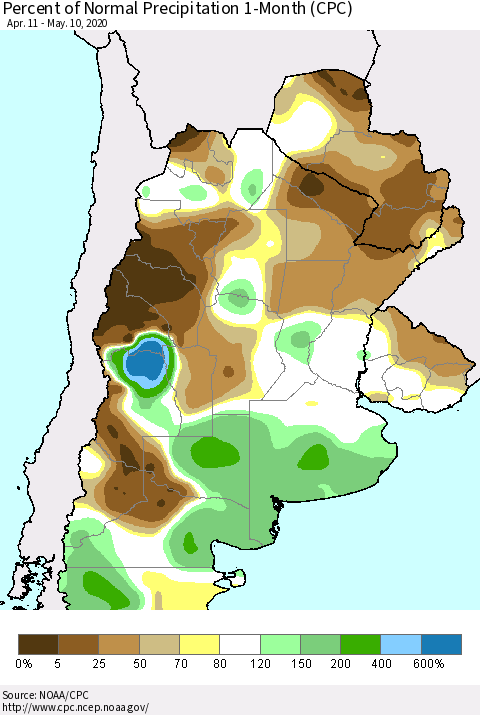 Southern South America Percent of Normal Precipitation 1-Month (CPC) Thematic Map For 4/11/2020 - 5/10/2020