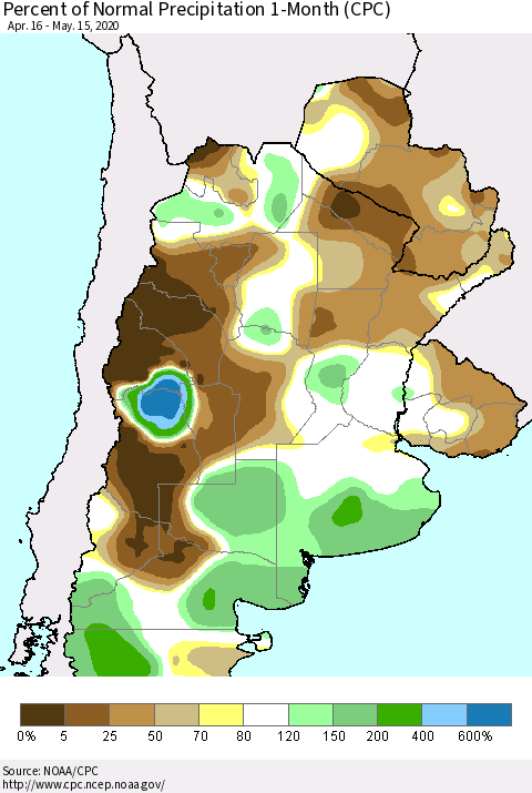 Southern South America Percent of Normal Precipitation 1-Month (CPC) Thematic Map For 4/16/2020 - 5/15/2020