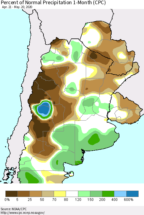 Southern South America Percent of Normal Precipitation 1-Month (CPC) Thematic Map For 4/21/2020 - 5/20/2020