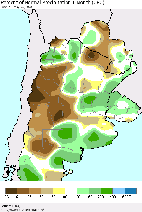 Southern South America Percent of Normal Precipitation 1-Month (CPC) Thematic Map For 4/26/2020 - 5/25/2020