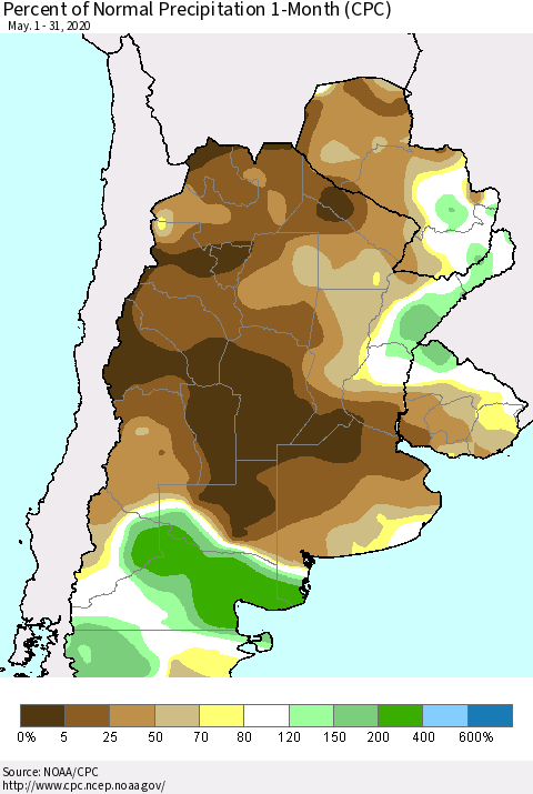 Southern South America Percent of Normal Precipitation 1-Month (CPC) Thematic Map For 5/1/2020 - 5/31/2020