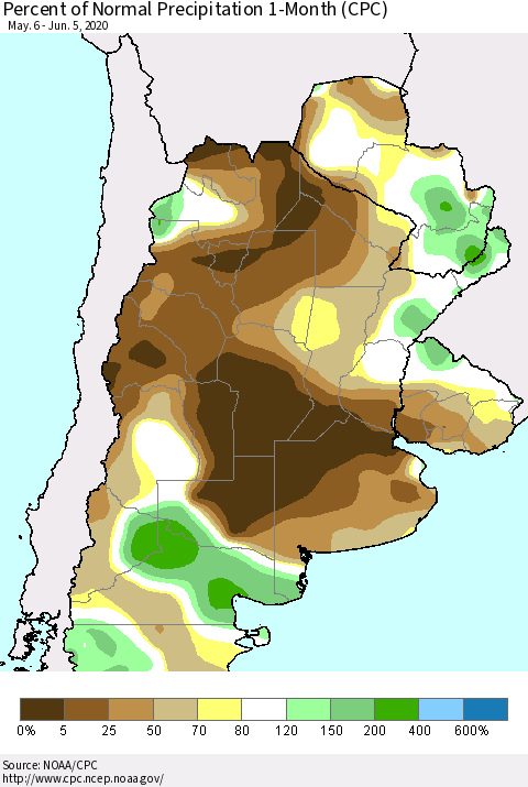 Southern South America Percent of Normal Precipitation 1-Month (CPC) Thematic Map For 5/6/2020 - 6/5/2020
