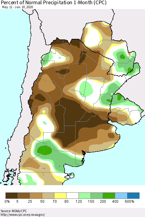 Southern South America Percent of Normal Precipitation 1-Month (CPC) Thematic Map For 5/11/2020 - 6/10/2020