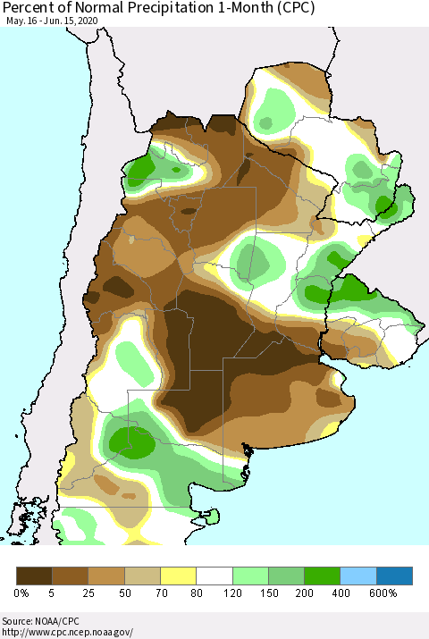 Southern South America Percent of Normal Precipitation 1-Month (CPC) Thematic Map For 5/16/2020 - 6/15/2020