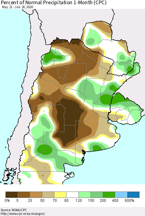 Southern South America Percent of Normal Precipitation 1-Month (CPC) Thematic Map For 5/21/2020 - 6/20/2020