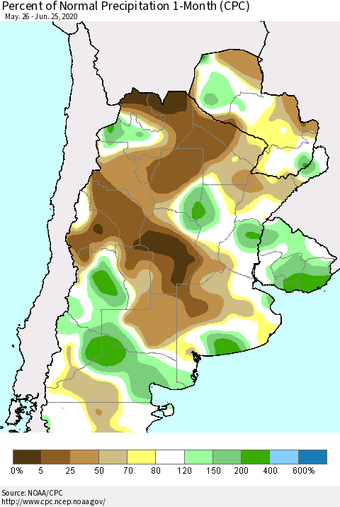 Southern South America Percent of Normal Precipitation 1-Month (CPC) Thematic Map For 5/26/2020 - 6/25/2020