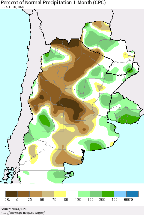 Southern South America Percent of Normal Precipitation 1-Month (CPC) Thematic Map For 6/1/2020 - 6/30/2020
