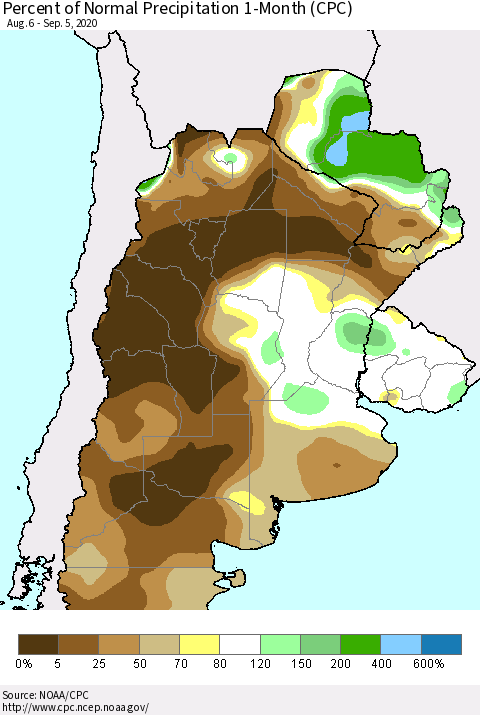 Southern South America Percent of Normal Precipitation 1-Month (CPC) Thematic Map For 8/6/2020 - 9/5/2020