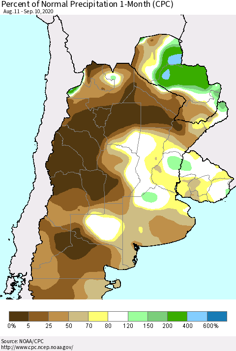 Southern South America Percent of Normal Precipitation 1-Month (CPC) Thematic Map For 8/11/2020 - 9/10/2020