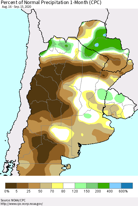 Southern South America Percent of Normal Precipitation 1-Month (CPC) Thematic Map For 8/16/2020 - 9/15/2020