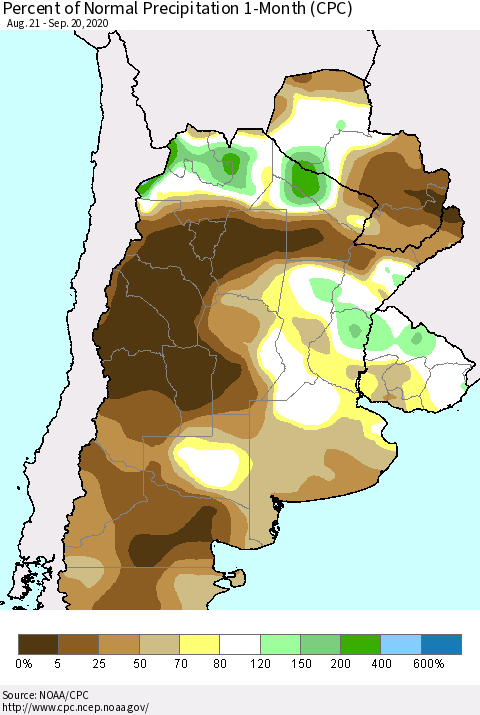 Southern South America Percent of Normal Precipitation 1-Month (CPC) Thematic Map For 8/21/2020 - 9/20/2020