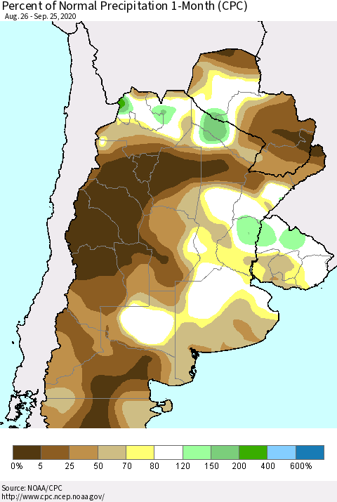 Southern South America Percent of Normal Precipitation 1-Month (CPC) Thematic Map For 8/26/2020 - 9/25/2020