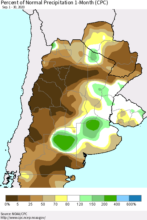 Southern South America Percent of Normal Precipitation 1-Month (CPC) Thematic Map For 9/1/2020 - 9/30/2020