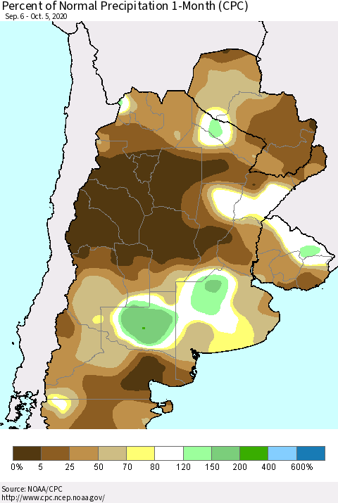 Southern South America Percent of Normal Precipitation 1-Month (CPC) Thematic Map For 9/6/2020 - 10/5/2020