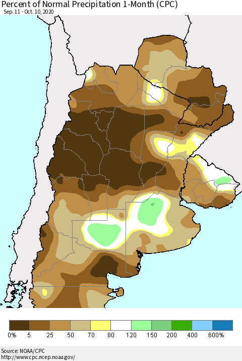 Southern South America Percent of Normal Precipitation 1-Month (CPC) Thematic Map For 9/11/2020 - 10/10/2020