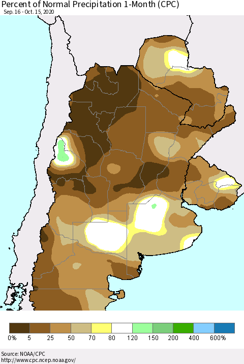 Southern South America Percent of Normal Precipitation 1-Month (CPC) Thematic Map For 9/16/2020 - 10/15/2020