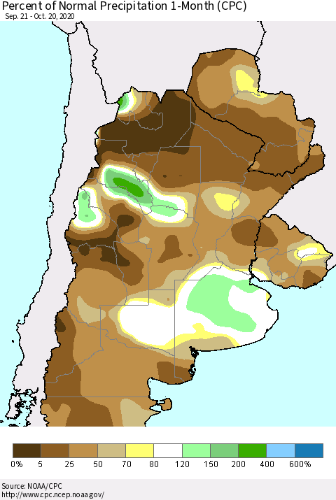 Southern South America Percent of Normal Precipitation 1-Month (CPC) Thematic Map For 9/21/2020 - 10/20/2020