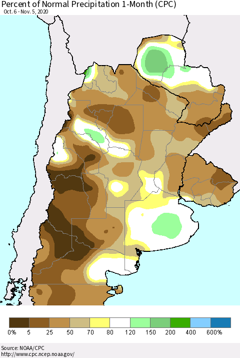 Southern South America Percent of Normal Precipitation 1-Month (CPC) Thematic Map For 10/6/2020 - 11/5/2020