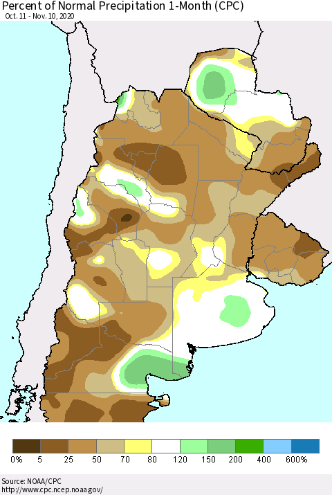 Southern South America Percent of Normal Precipitation 1-Month (CPC) Thematic Map For 10/11/2020 - 11/10/2020