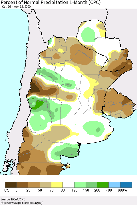 Southern South America Percent of Normal Precipitation 1-Month (CPC) Thematic Map For 10/16/2020 - 11/15/2020