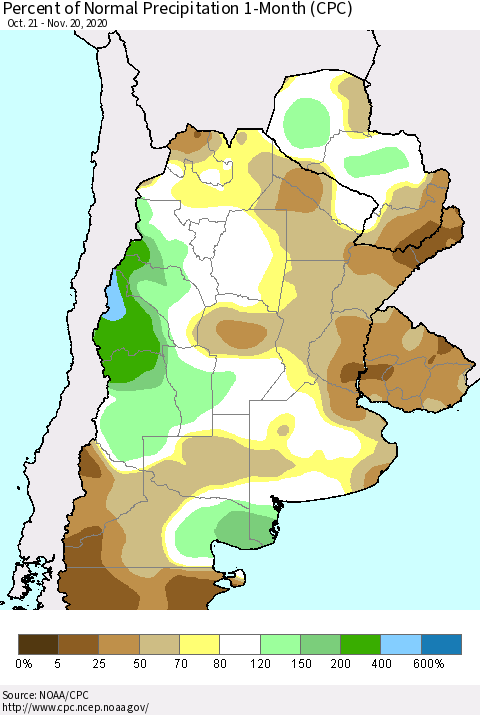 Southern South America Percent of Normal Precipitation 1-Month (CPC) Thematic Map For 10/21/2020 - 11/20/2020