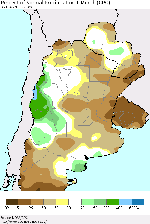 Southern South America Percent of Normal Precipitation 1-Month (CPC) Thematic Map For 10/26/2020 - 11/25/2020