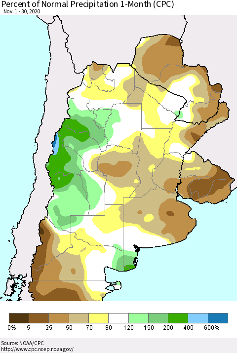 Southern South America Percent of Normal Precipitation 1-Month (CPC) Thematic Map For 11/1/2020 - 11/30/2020