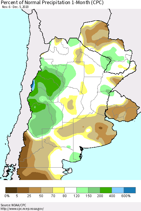 Southern South America Percent of Normal Precipitation 1-Month (CPC) Thematic Map For 11/6/2020 - 12/5/2020