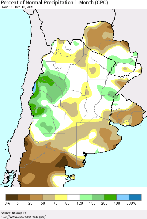 Southern South America Percent of Normal Precipitation 1-Month (CPC) Thematic Map For 11/11/2020 - 12/10/2020
