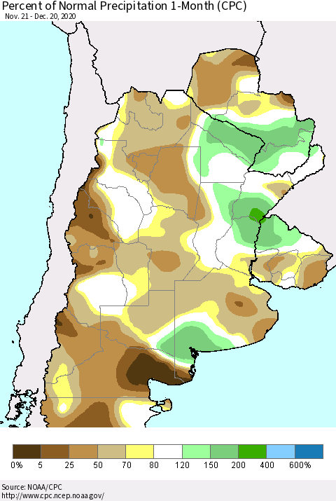 Southern South America Percent of Normal Precipitation 1-Month (CPC) Thematic Map For 11/21/2020 - 12/20/2020