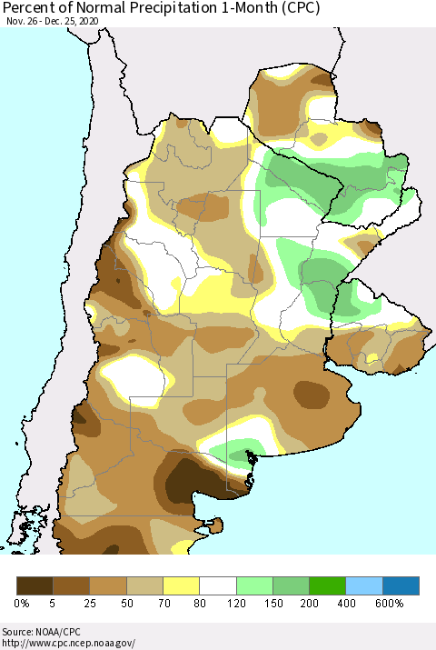Southern South America Percent of Normal Precipitation 1-Month (CPC) Thematic Map For 11/26/2020 - 12/25/2020