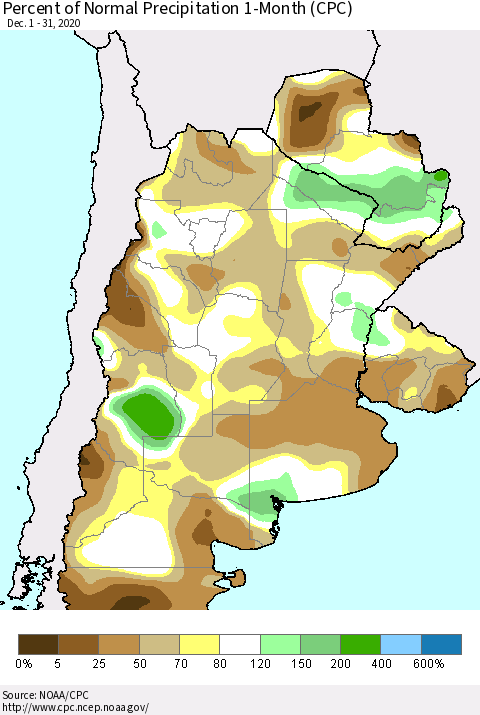 Southern South America Percent of Normal Precipitation 1-Month (CPC) Thematic Map For 12/1/2020 - 12/31/2020