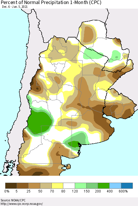 Southern South America Percent of Normal Precipitation 1-Month (CPC) Thematic Map For 12/6/2020 - 1/5/2021