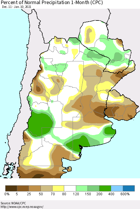 Southern South America Percent of Normal Precipitation 1-Month (CPC) Thematic Map For 12/11/2020 - 1/10/2021