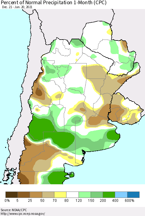 Southern South America Percent of Normal Precipitation 1-Month (CPC) Thematic Map For 12/21/2020 - 1/20/2021
