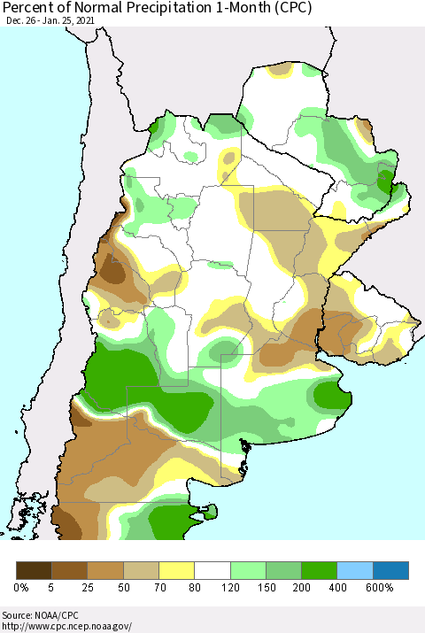 Southern South America Percent of Normal Precipitation 1-Month (CPC) Thematic Map For 12/26/2020 - 1/25/2021