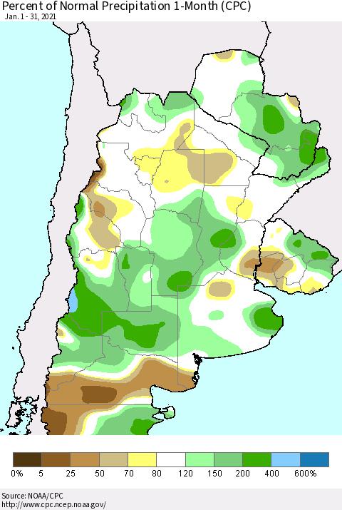 Southern South America Percent of Normal Precipitation 1-Month (CPC) Thematic Map For 1/1/2021 - 1/31/2021