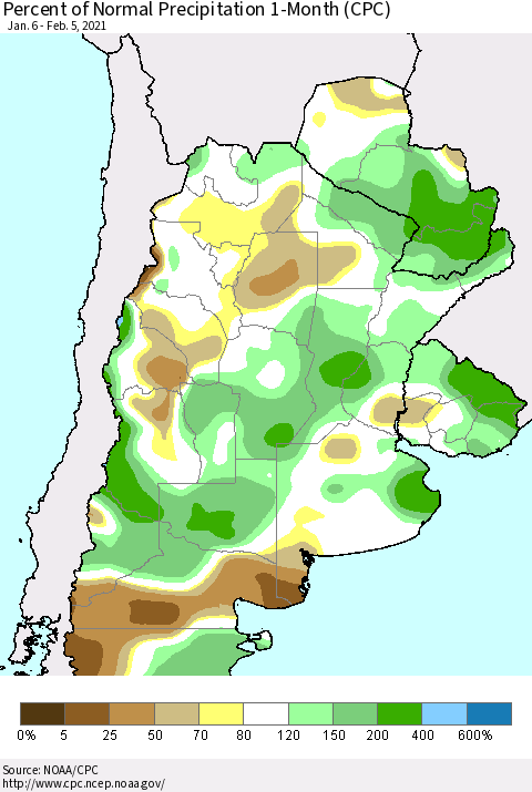 Southern South America Percent of Normal Precipitation 1-Month (CPC) Thematic Map For 1/6/2021 - 2/5/2021