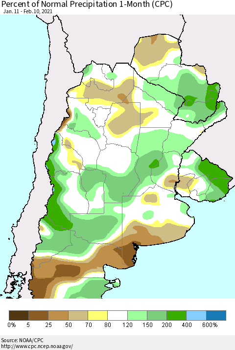 Southern South America Percent of Normal Precipitation 1-Month (CPC) Thematic Map For 1/11/2021 - 2/10/2021