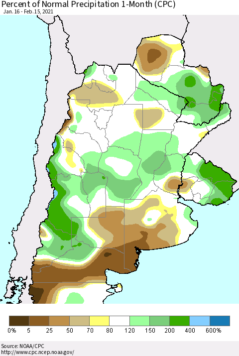 Southern South America Percent of Normal Precipitation 1-Month (CPC) Thematic Map For 1/16/2021 - 2/15/2021