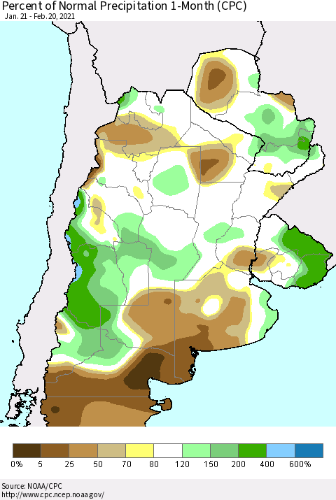 Southern South America Percent of Normal Precipitation 1-Month (CPC) Thematic Map For 1/21/2021 - 2/20/2021