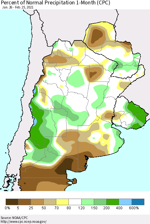 Southern South America Percent of Normal Precipitation 1-Month (CPC) Thematic Map For 1/26/2021 - 2/25/2021