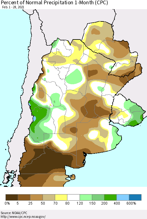 Southern South America Percent of Normal Precipitation 1-Month (CPC) Thematic Map For 2/1/2021 - 2/28/2021