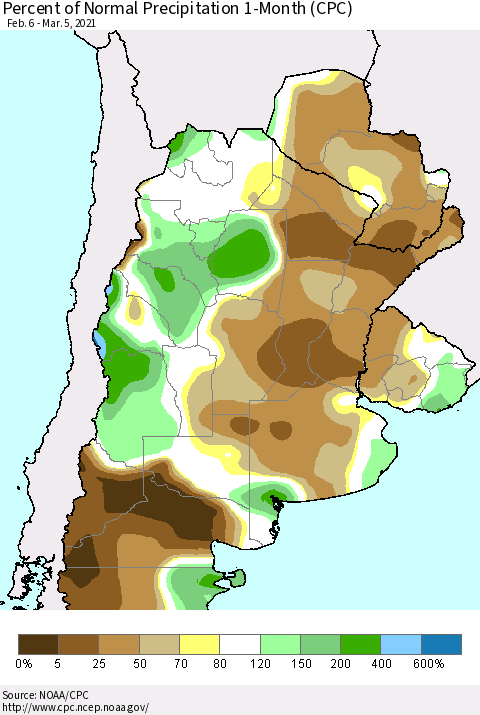 Southern South America Percent of Normal Precipitation 1-Month (CPC) Thematic Map For 2/6/2021 - 3/5/2021