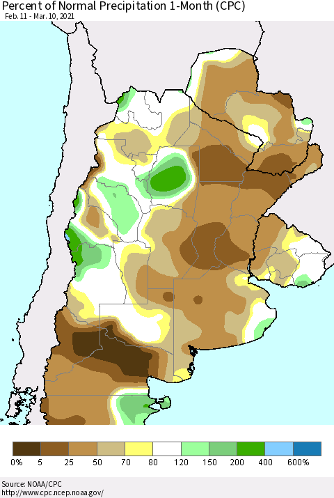 Southern South America Percent of Normal Precipitation 1-Month (CPC) Thematic Map For 2/11/2021 - 3/10/2021